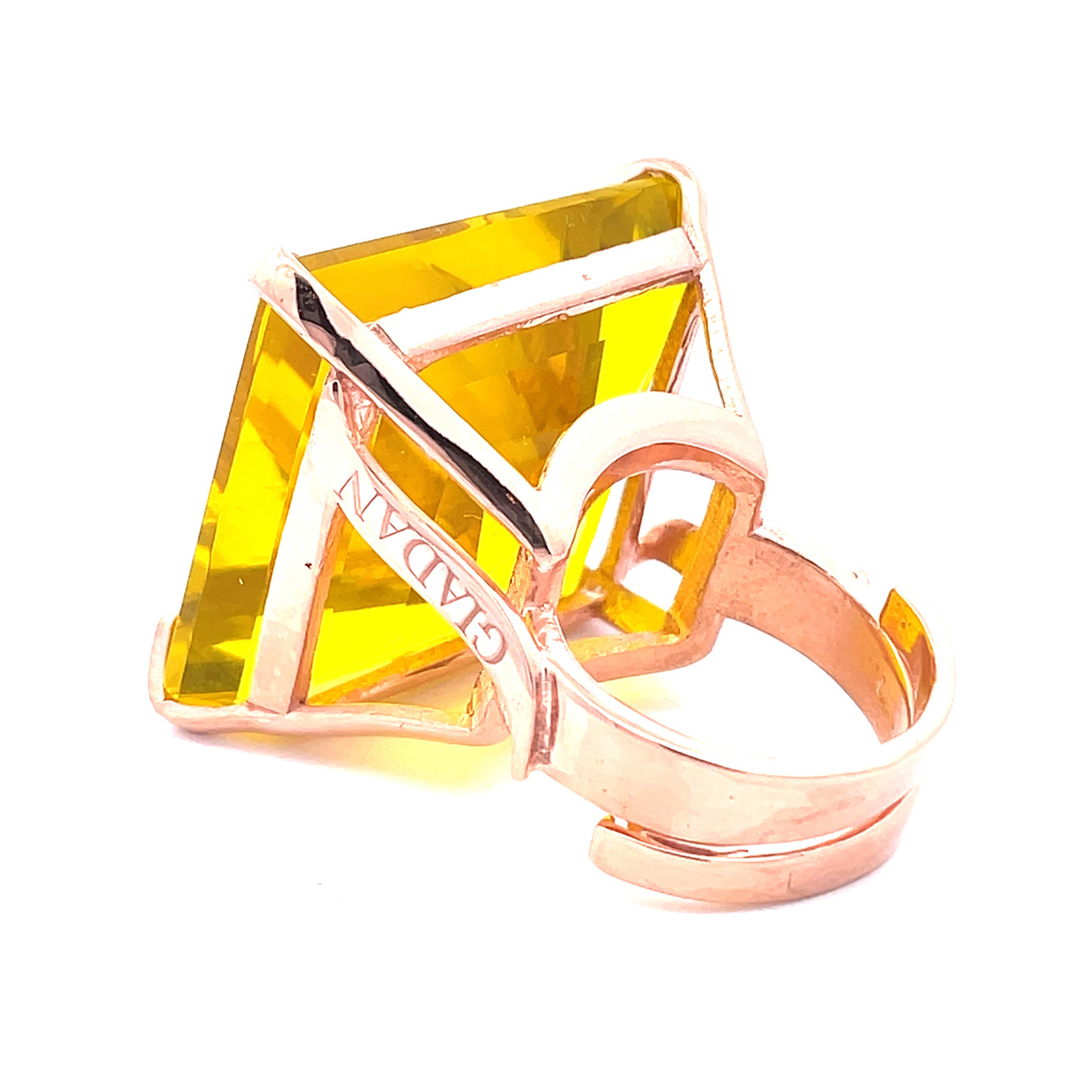 Rose gold plated XL statement ring with large citrine yellow zirconia in open architectural frame viewed from the back — NARCISA CITRINE YELLOW by Giadan for Le.Paul Jewelgarden