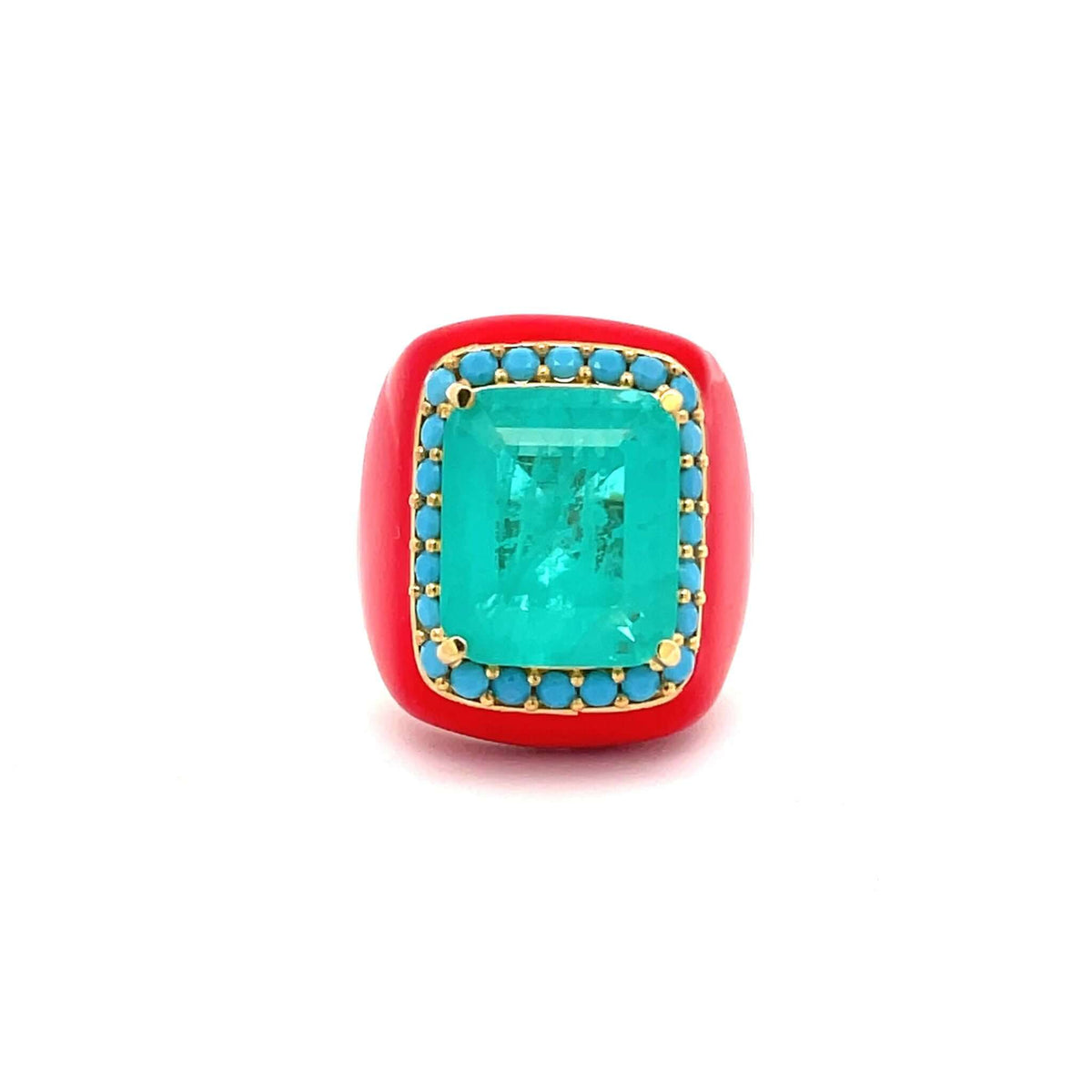 A yellow gold plated ring with Ferrari red enamel, featuring a large turquoise blue doublette surrounded by smaller turquoise blue cubic zirconias.