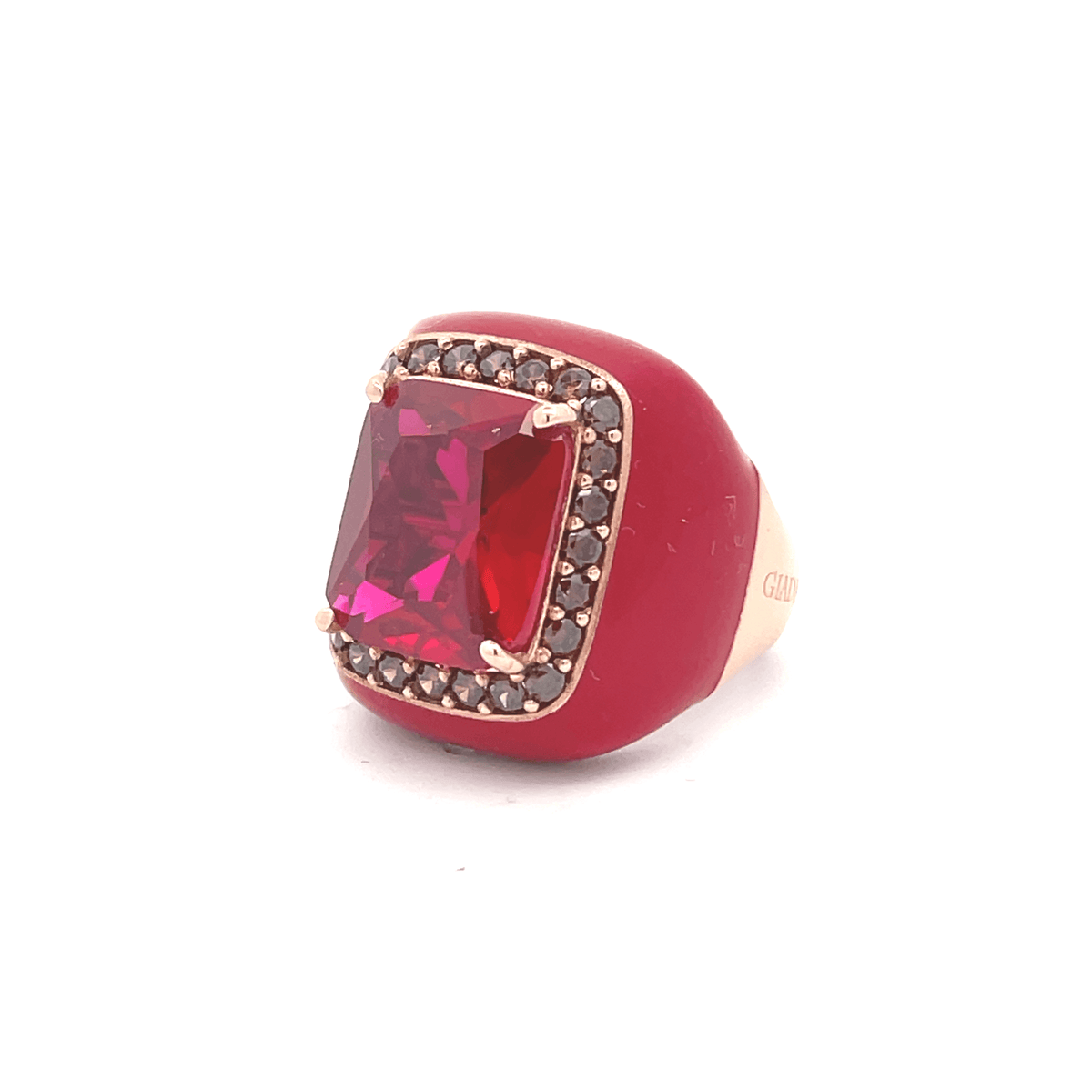 Rose gold plated statement ring with blood red enamel, blood red zirconia center stone and brown pavé zirconias