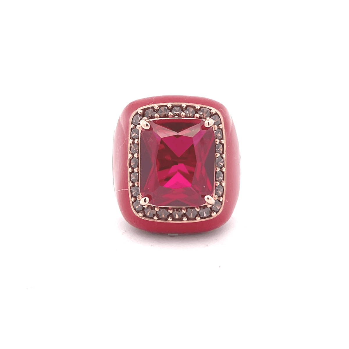 Rose gold plated statement ring with blood red enamel, blood red zirconia center stone and brown pavé zirconias — ROSE by Giadan for Le.Paul Jewelgarden
