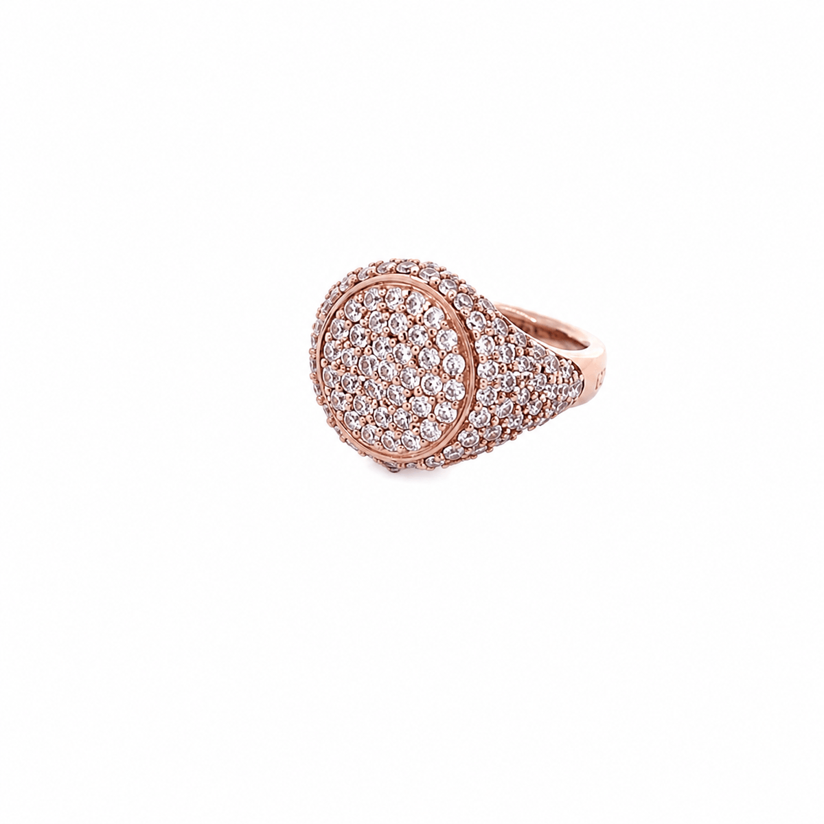 Rose gold plated pavé pinky ring with light pink zirconias viewed from the side — GRACE LIGHT PINK ROSE by Giadan for Le.Paul Jewelgarden