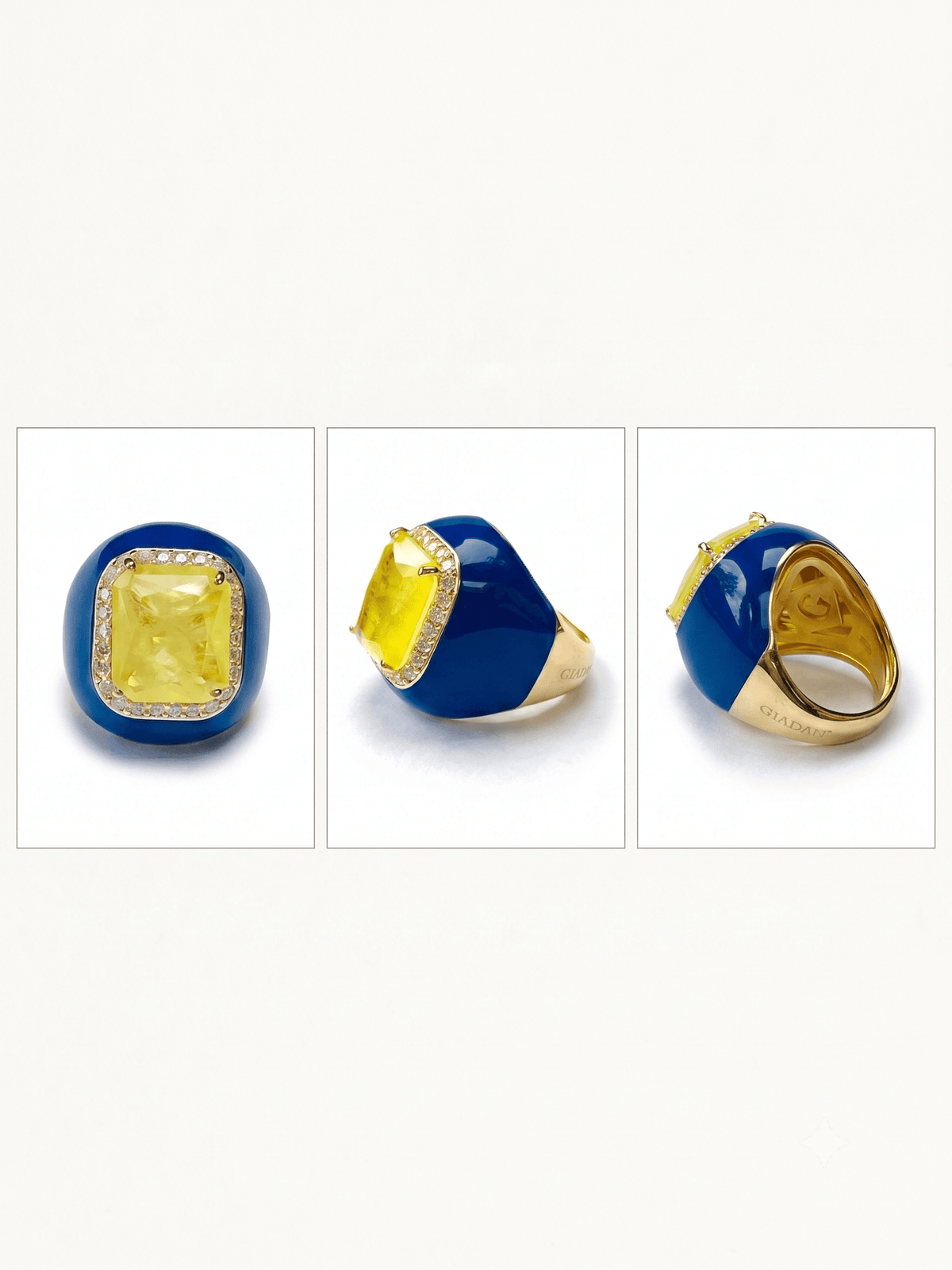 Orguyo ring by Giadan — three angles showing blue enamel body and yellow doublette center stone