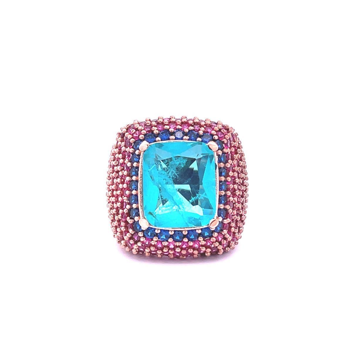 MALIKA Red and Turquoise blue cocktail ring top view showing 18 x 12 mm center doublette and 18K rose gold plated setting seen from the top.