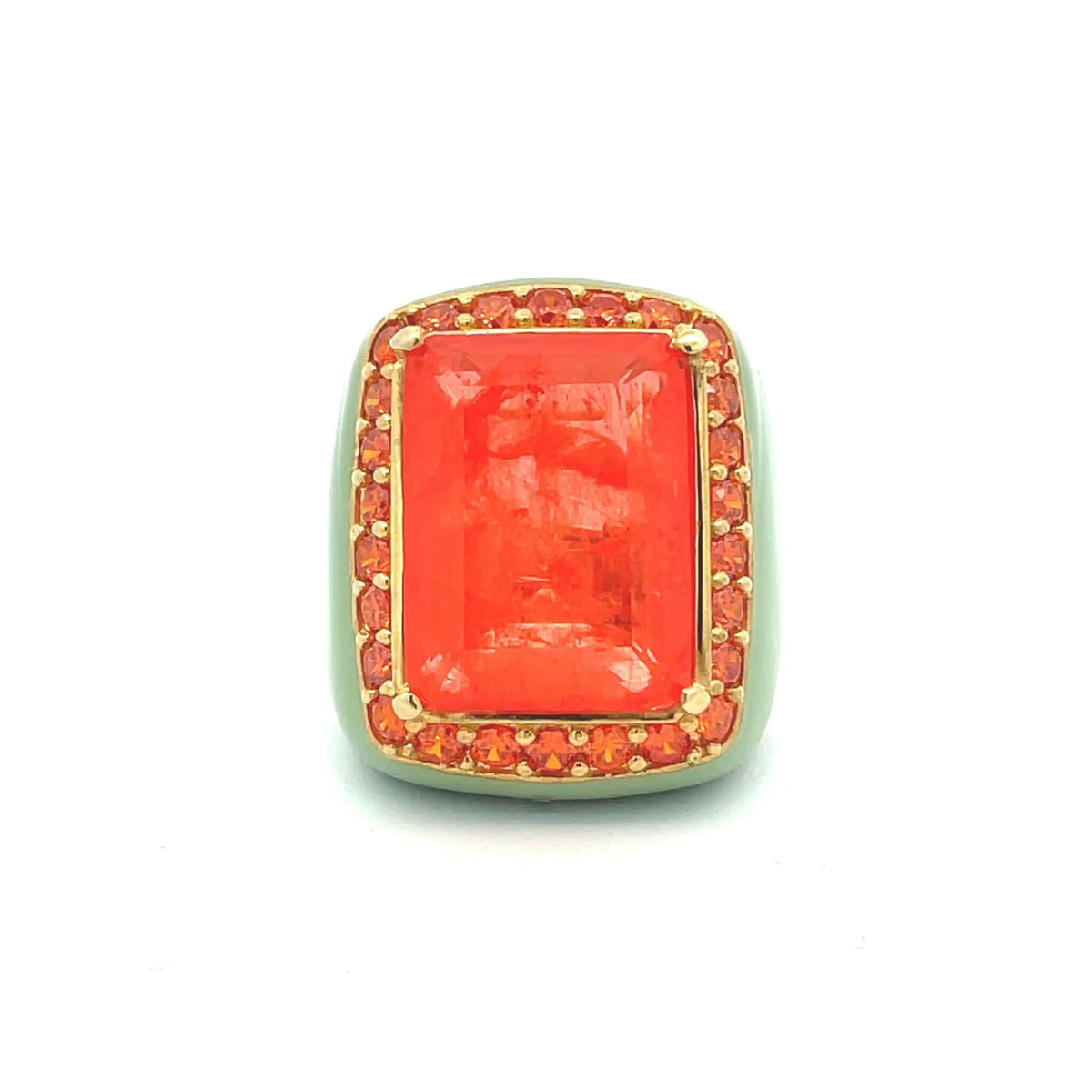 Topview of yellow gold plated oversized statement ring with pastel green enamel, large orange doublette center stone and orange zirconia halo — FREDDY by Giadan for Le.Paul Jewelgarden