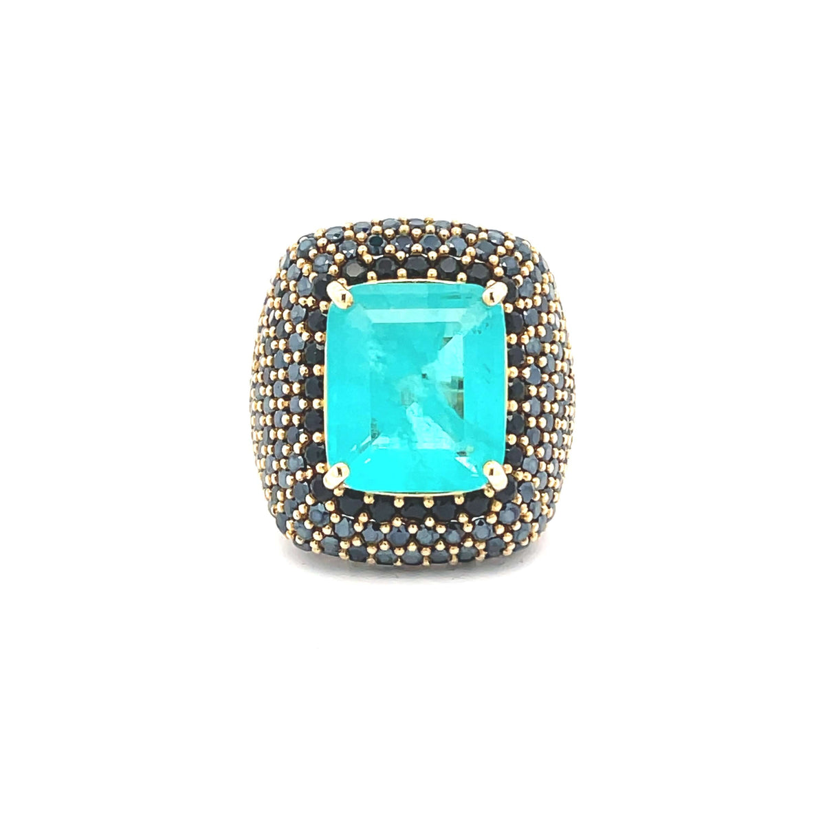 A yellow gold plated ring with black cubic zirconias and a large aquamarine green zirconia in the center - YVES by Giadan for Le.Paul Jewelgarden