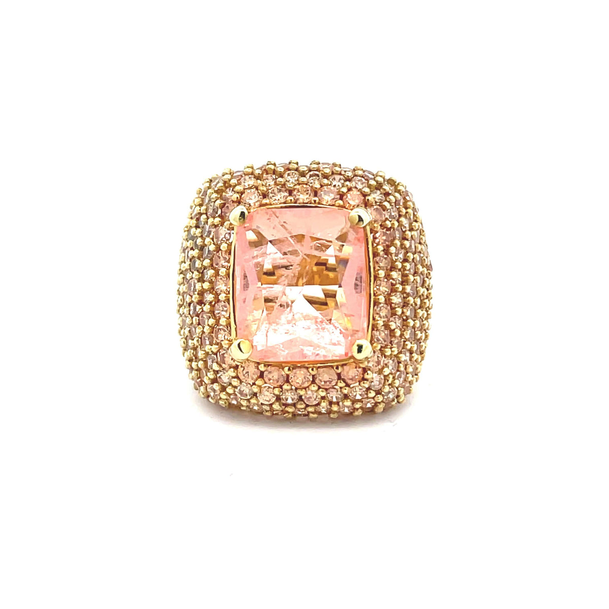 Yellow gold plated statement ring with pink champagne doublette center stone and champagne zirconias viewed from top — AVA by Giadan for Le.Paul Jewelgarden
