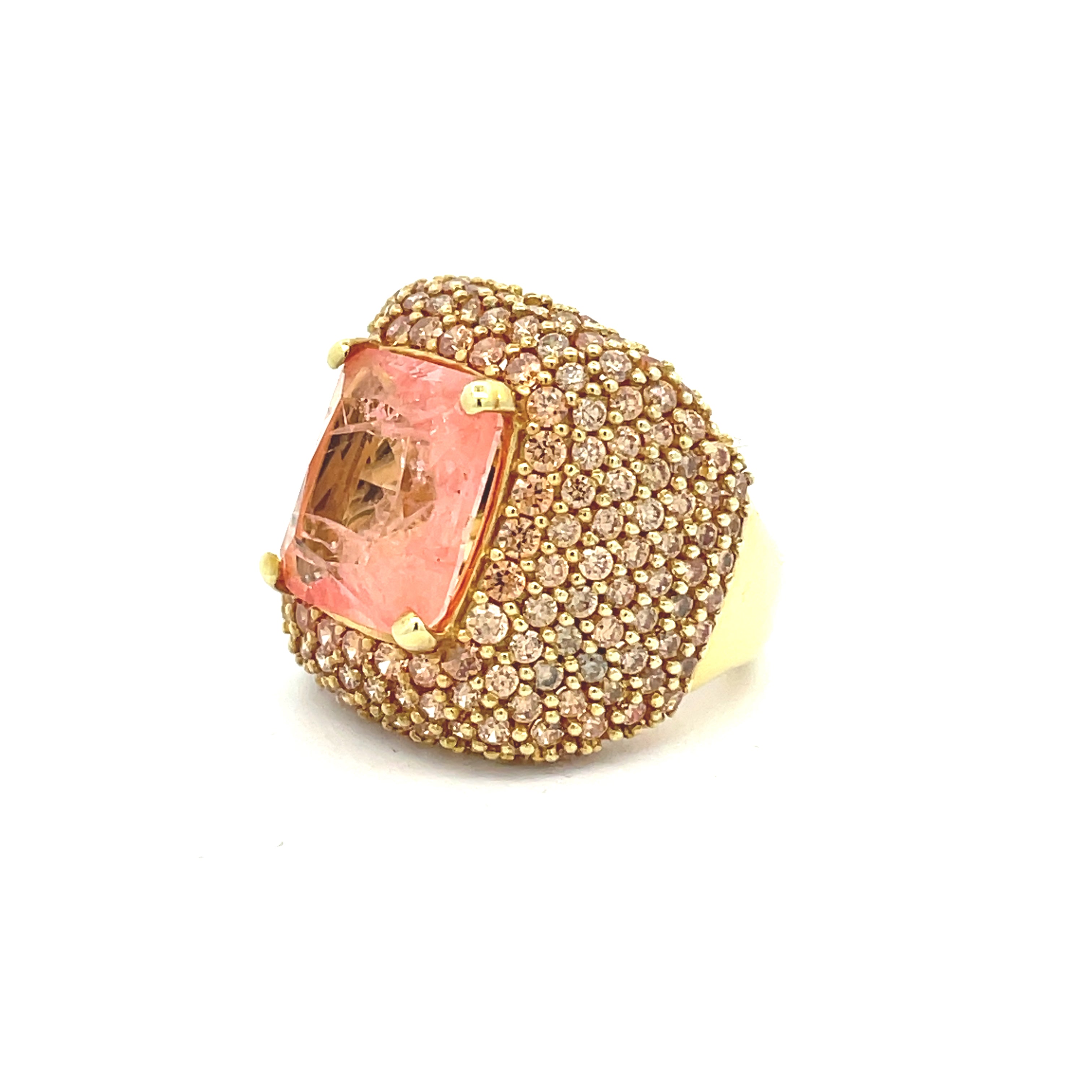 Yellow gold plated statement ring with pink champagne doublette center stone and champagne zirconias, angled view — AVA by Giadan for Le.Paul Jewelgarden