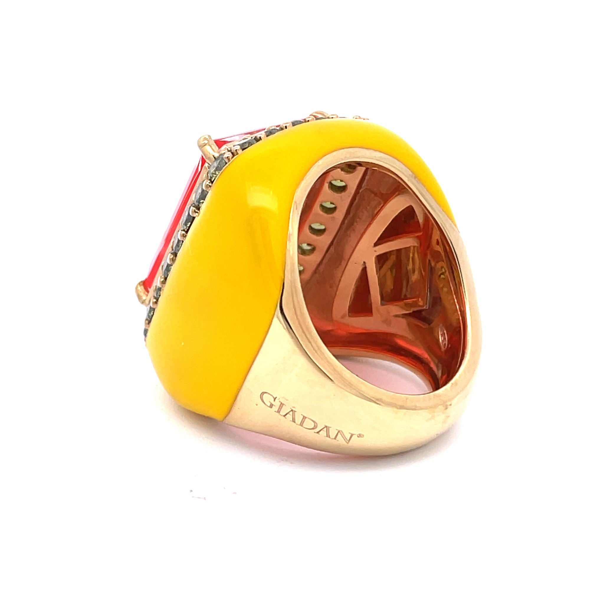 Backview of yellow gold plated oversized statement ring with canary yellow enamel, large orange doublette center stone and peridot green zirconia halo — ANNICK by Giadan for Le.Paul Jewelgarden