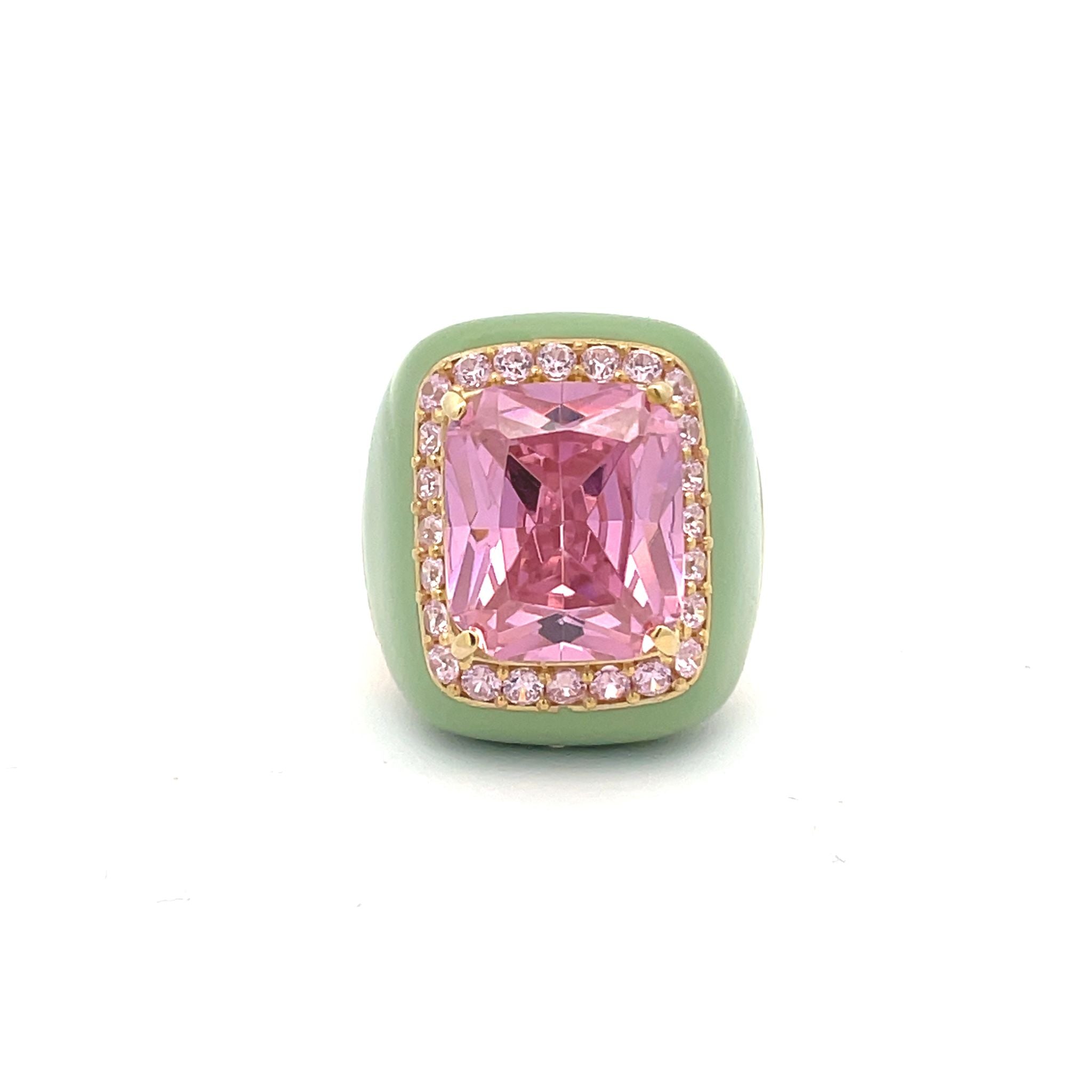 Yellow gold plated statement ring with pastel green enamel, pink zirconia center stone and pink pavé zirconias — EMILY by Giadan for Le.Paul Jewelgarden. Top view.