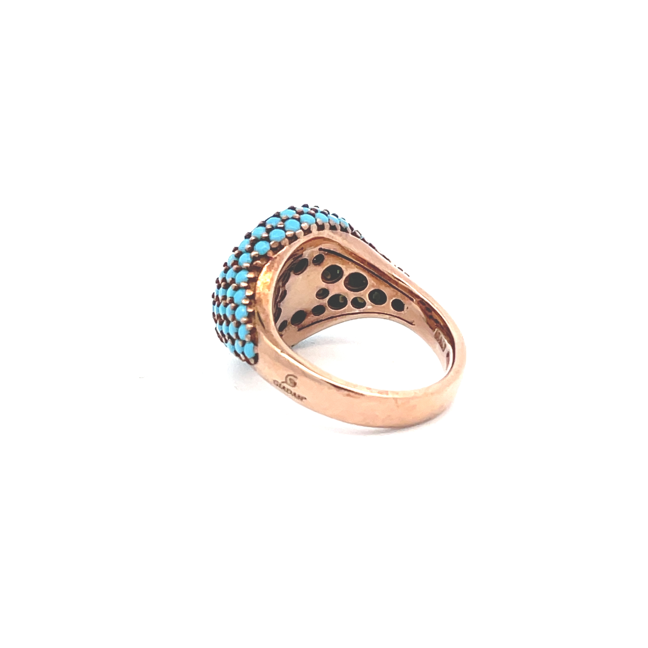 Back view of rose gold plated pavé pinky ring with brown top and turquoise side zirconias — GRACE AKA MELANIE by Giadan for Le.Paul Jewelgarden