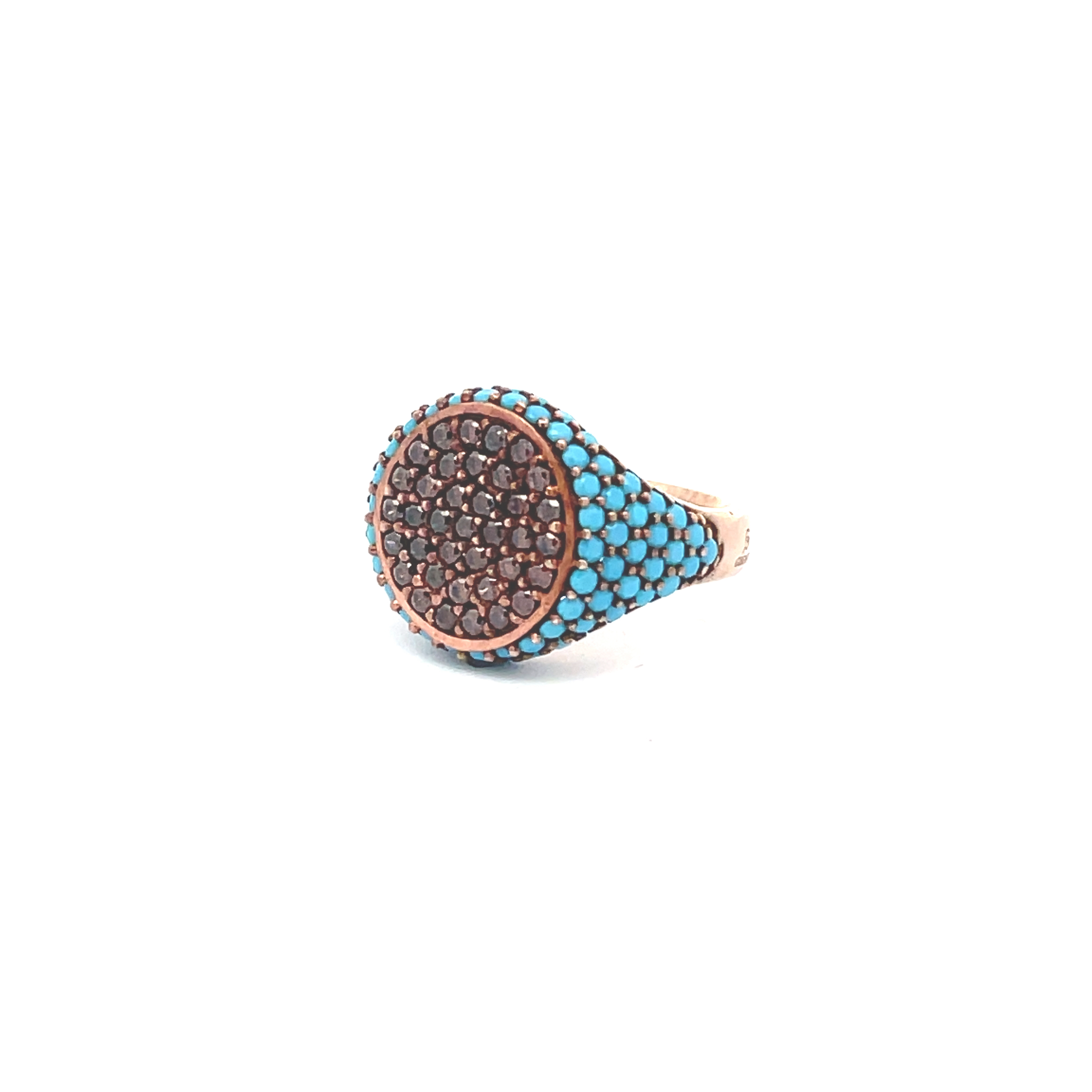 Side view of rose gold plated pavé pinky ring with brown top and turquoise side zirconias - GRACE AKA MELANIE by Giadan for Le.Paul Jewelgarden
