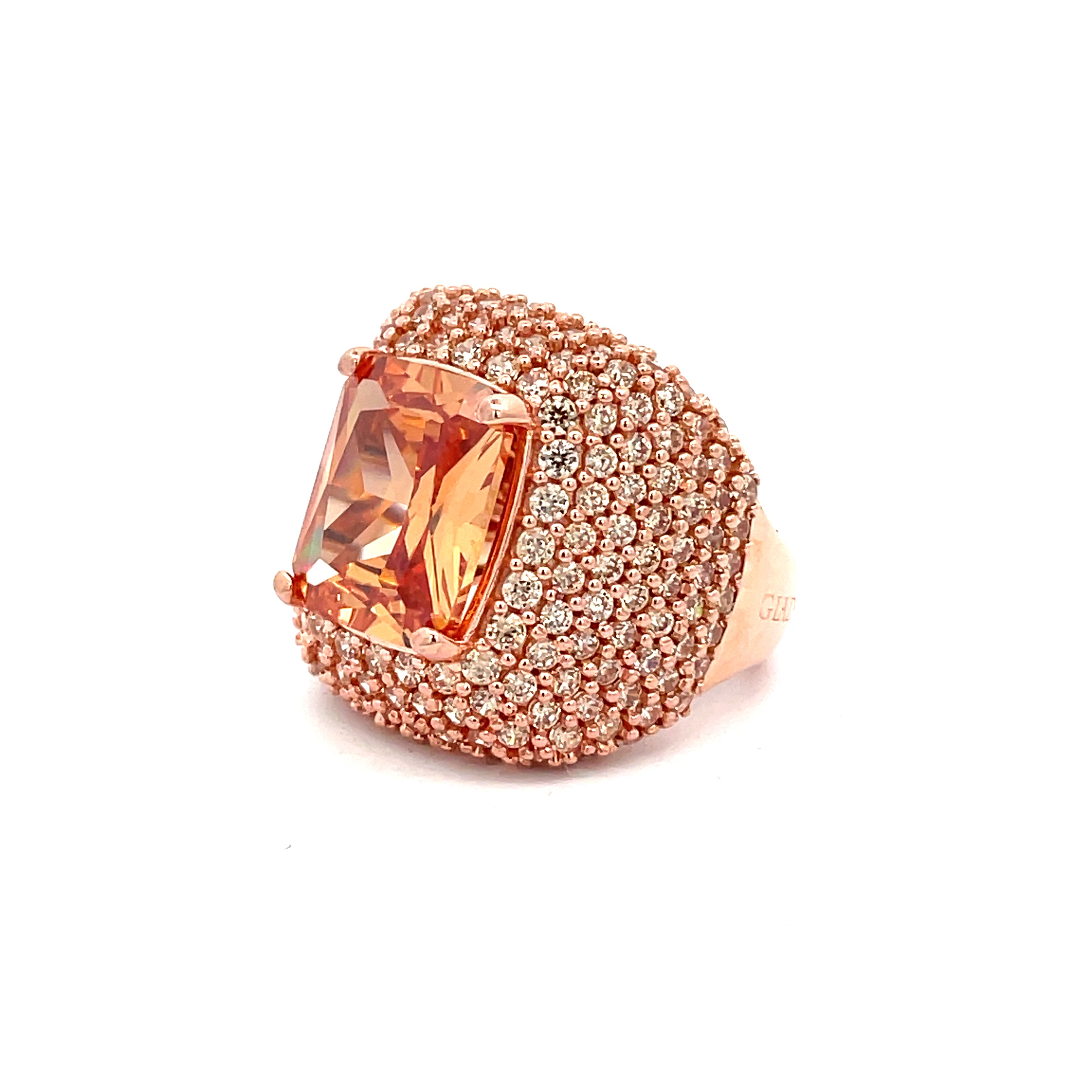 HAGAR cocktail ring angled view showing 22mm width and champagne zirconia crown detail