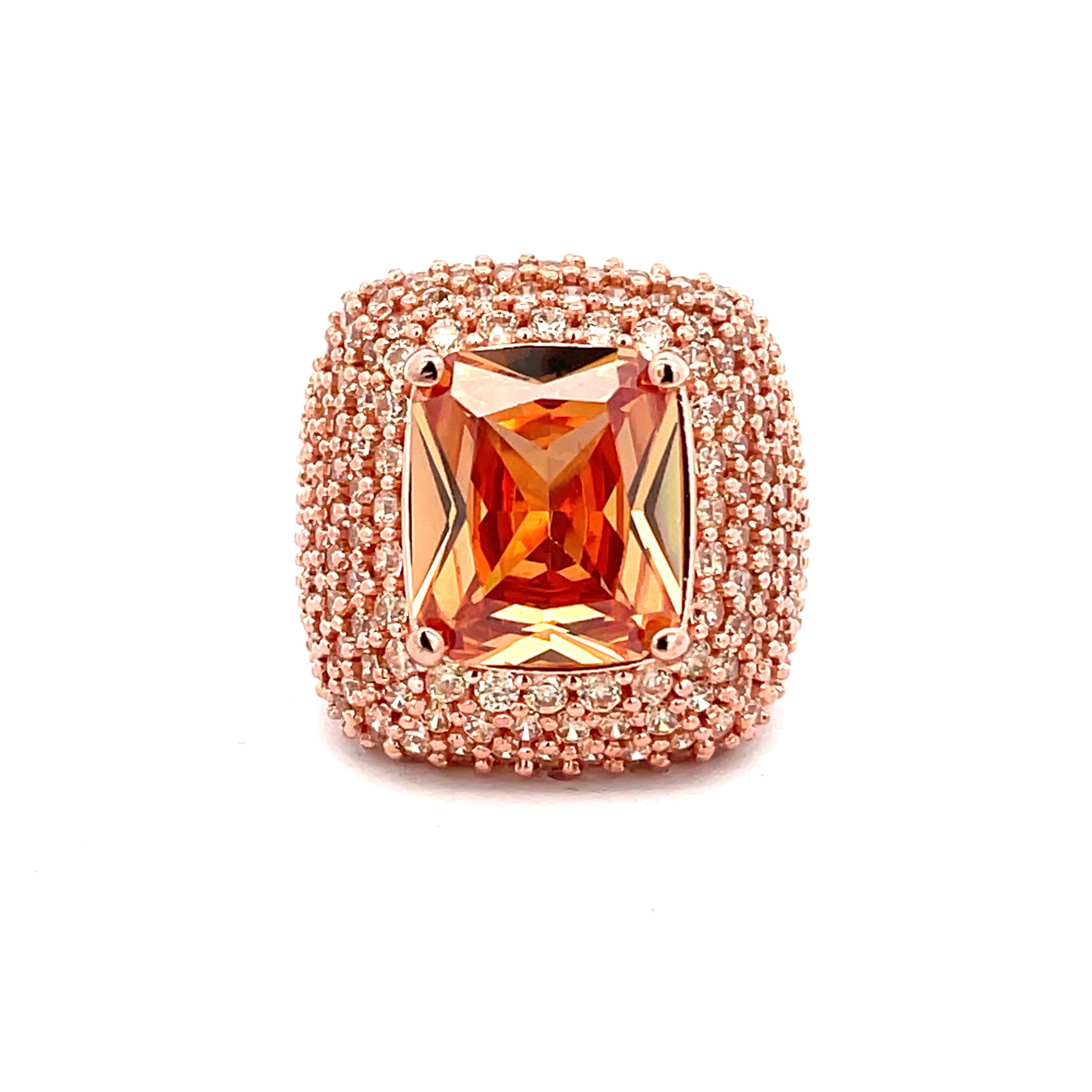 Top view of HAGAR champagne statement ring showing 18x12mm  center champagne cubic zirconia center stone and and pavé surrounding stones in rose gold plated setting - HAGAR by Giadan for Le.Paul Jewelgarden