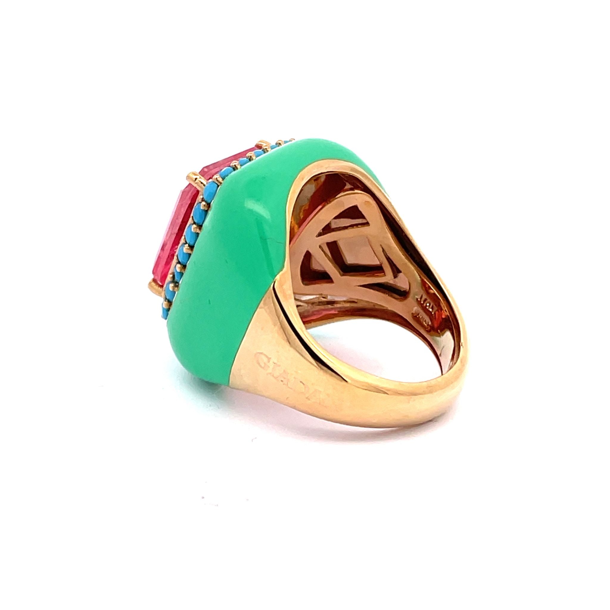 Yellow gold plated statement ring with mint green enamel, pink doublette center stone and turquoise blue pavé zirconias. Back view with internal size-adjusting device visible