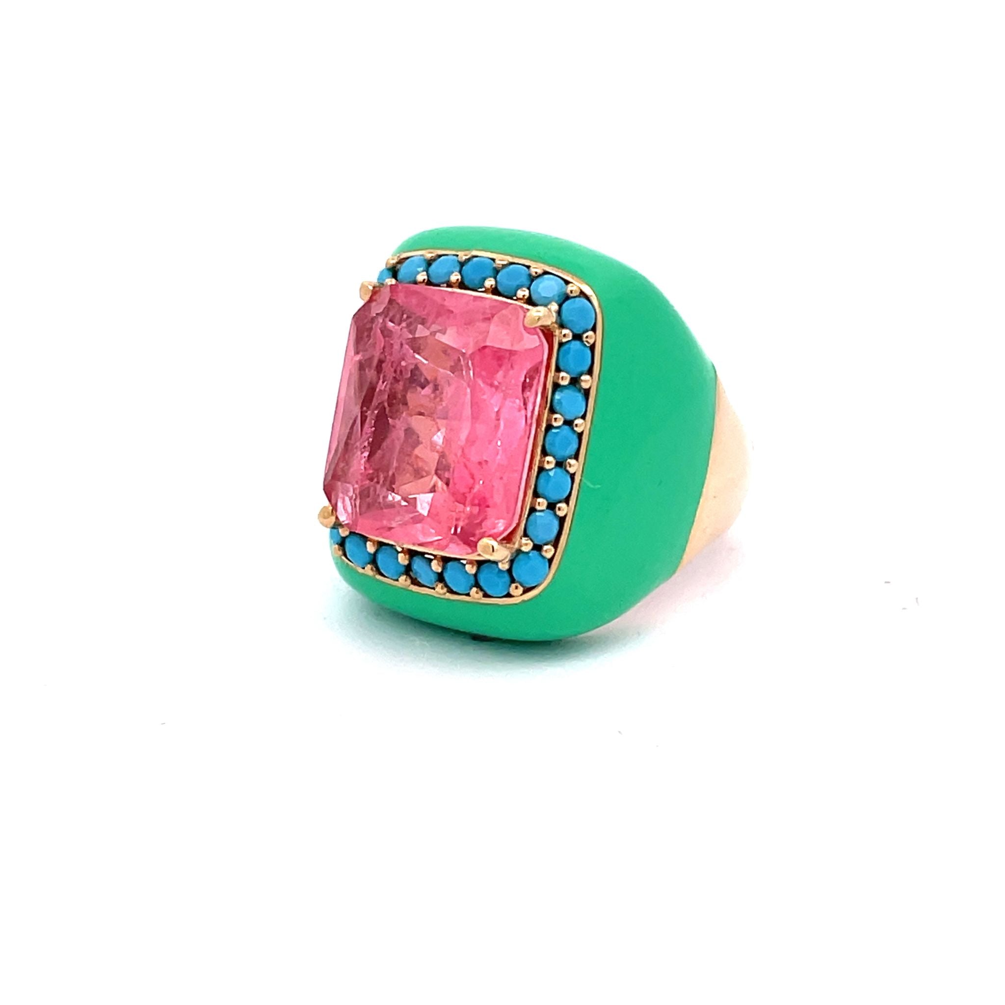 Yellow gold plated statement ring with mint green enamel, pink doublette center stone and turquoise blue pavé zirconias seen from the side