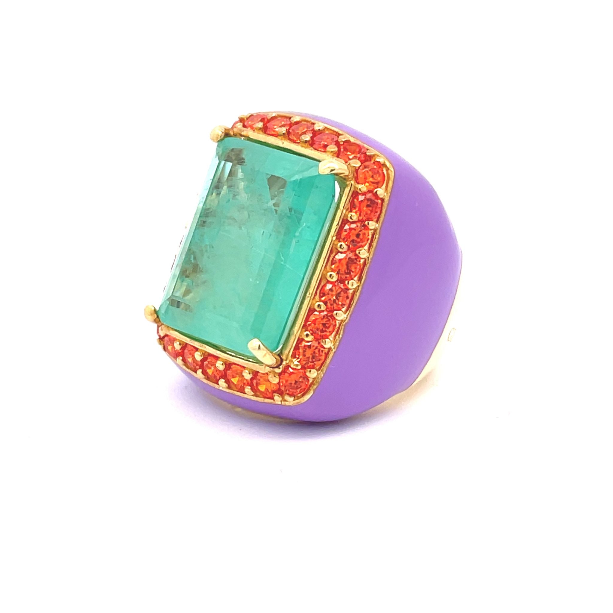 Sideview of yellow gold plated oversized statement ring with lilac enamel, large aquamarine green zirconia center stone and orange zirconia halo — LOTTE by Giadan for Le.Paul Jewelgarden