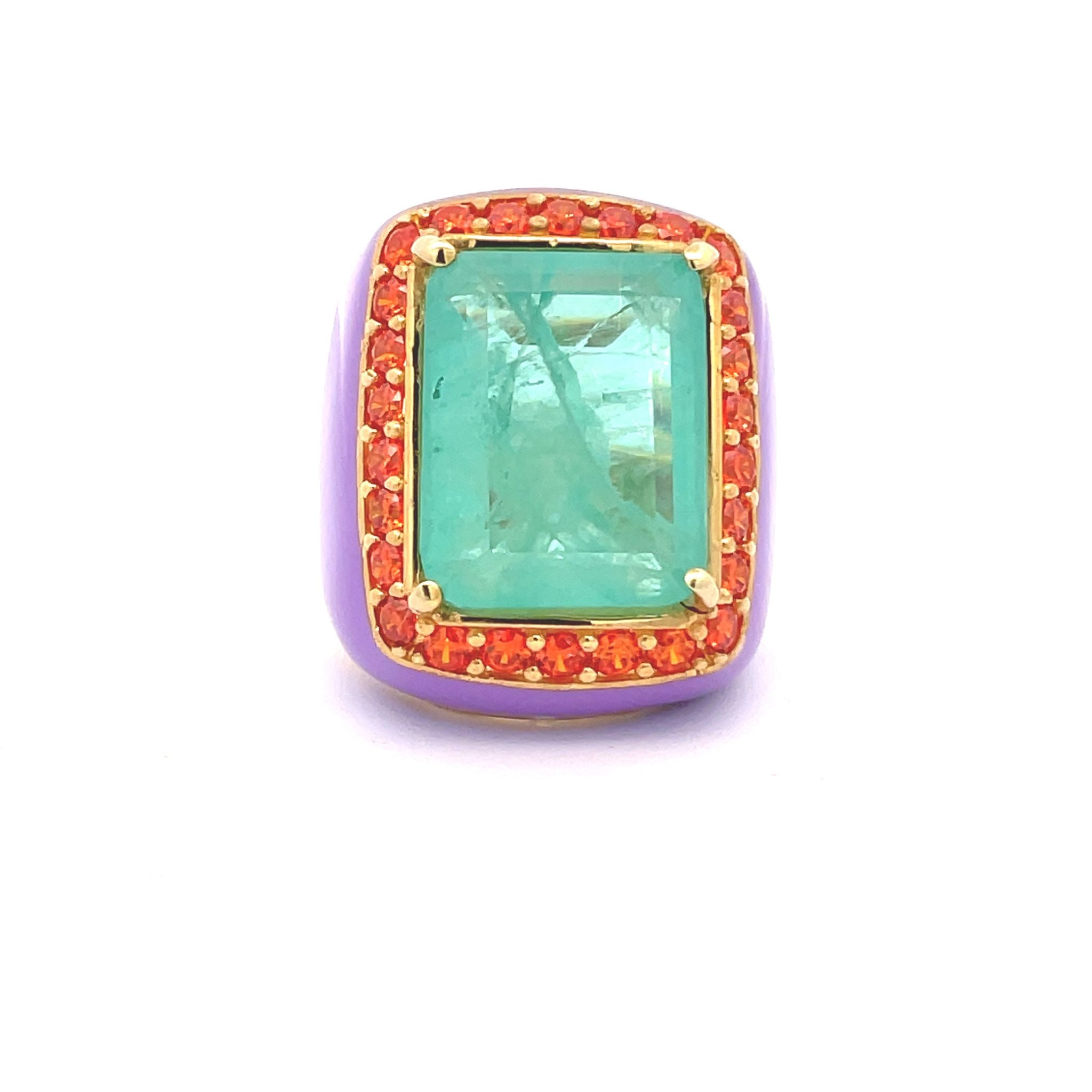 Topview of yellow gold plated oversized statement ring with lilac enamel, large aquamarine green zirconia center stone and orange zirconia halo — LOTTE by Giadan for Le.Paul Jewelgarden