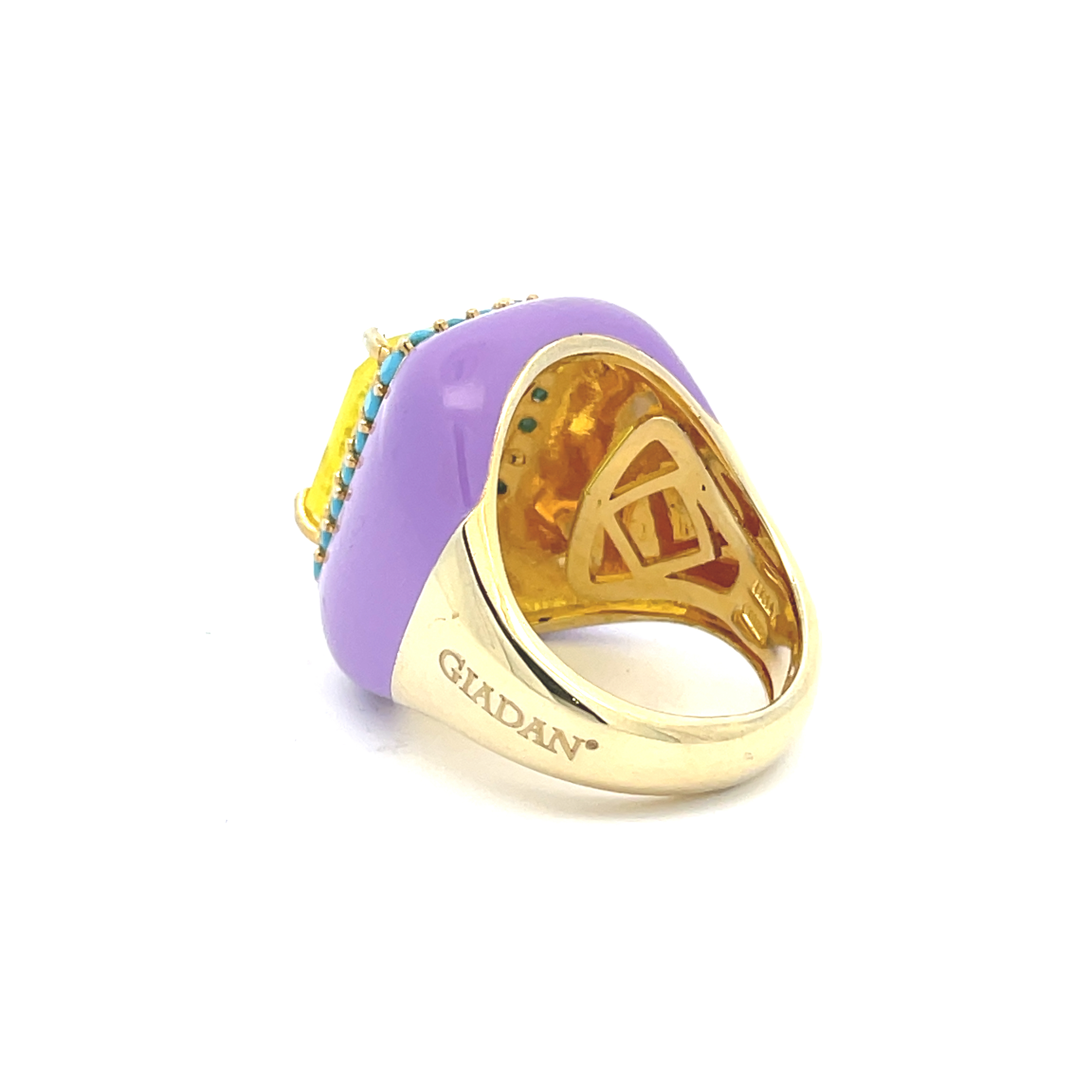 Yellow gold plated statement ring with lilac enamel, yellow doublette center stone and turquoise blue pavé zirconias viewed from back, with size-adjusting system