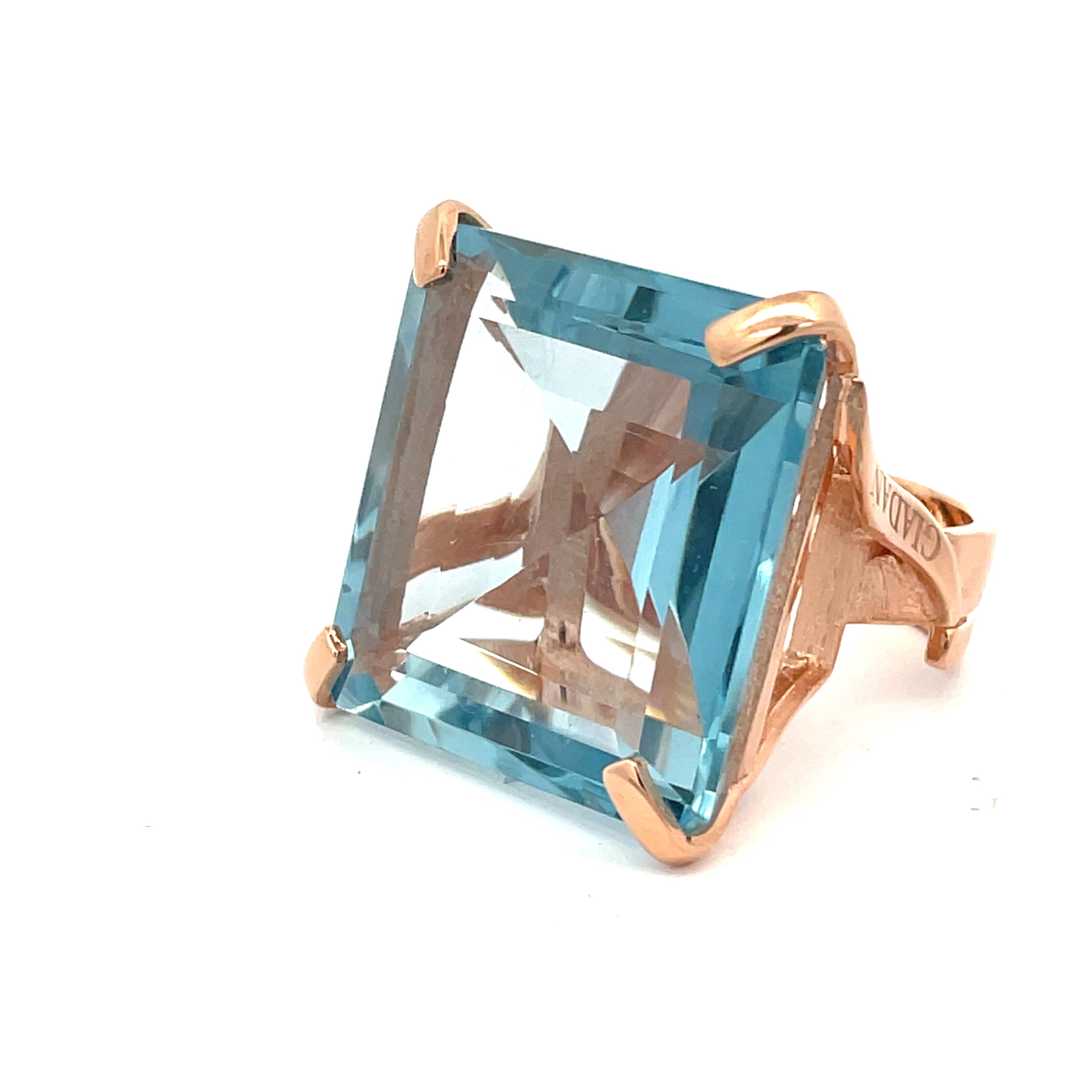 NARCISA AQUA by Giadan for Le.Paul - Rose gold plated statement ring with large aquamarine blue zirconia in open architectural frame. Jewelgarden
