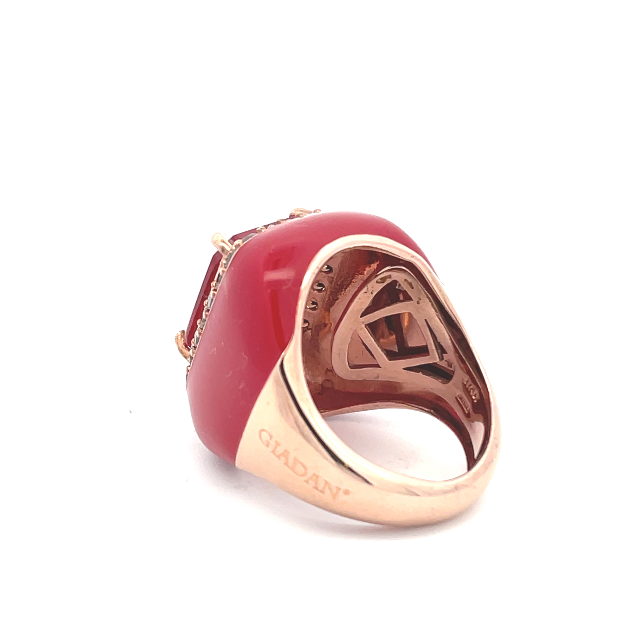 Rose gold plated statement ring with blood red enamel, blood red zirconia center stone and brown pavé zirconias seen from the back, with size adjusting system