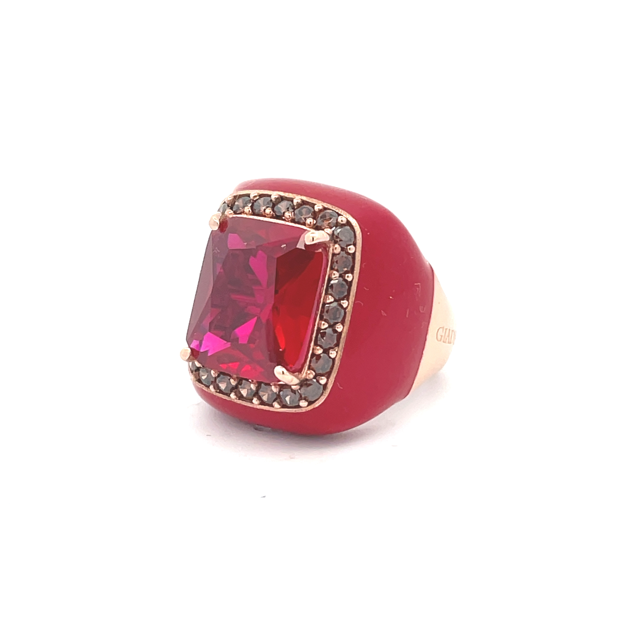 Rose gold plated statement ring with blood red enamel, blood red zirconia center stone and brown pavé zirconias