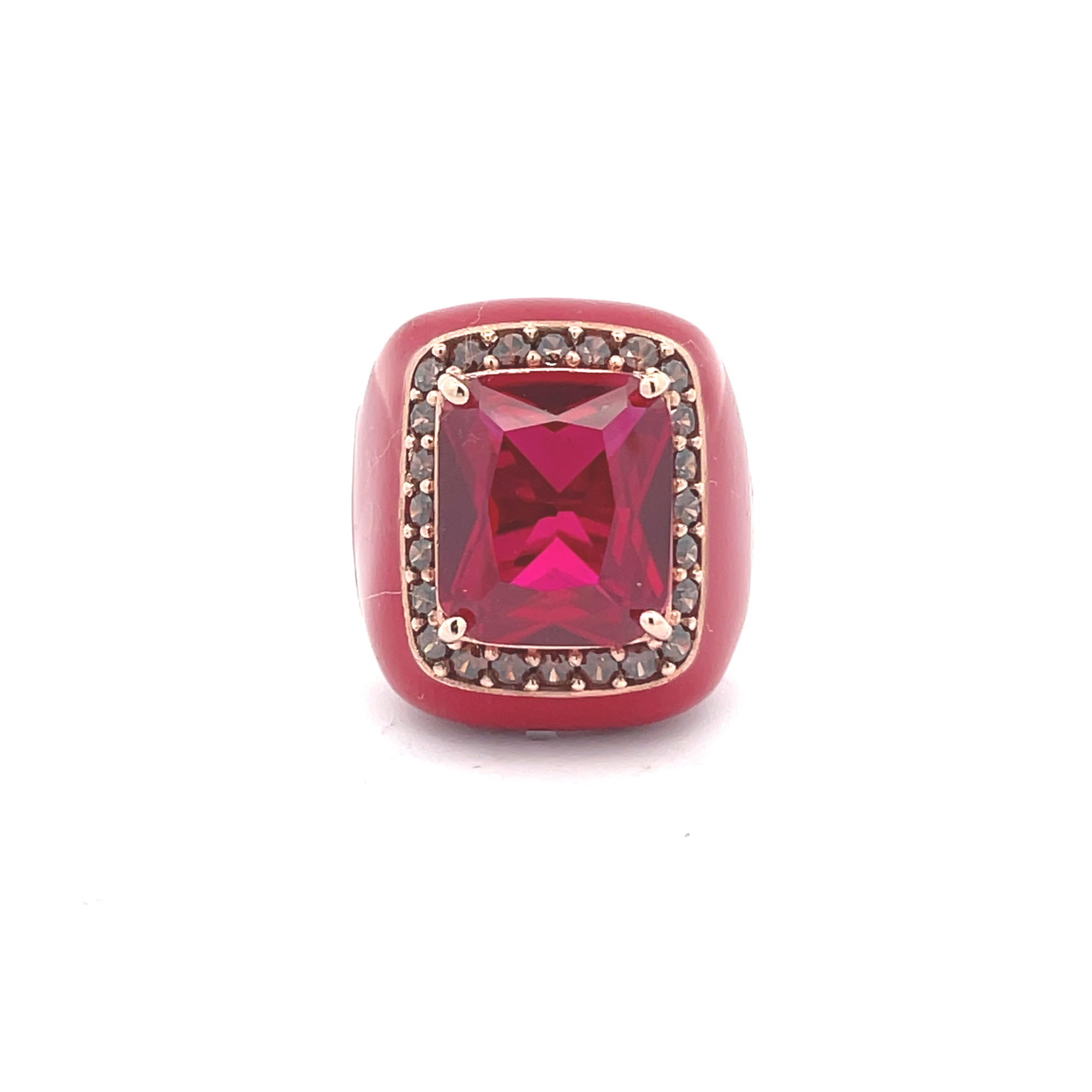 Rose gold plated statement ring with blood red enamel, blood red zirconia center stone and brown pavé zirconias — ROSE by Giadan for Le.Paul Jewelgarden