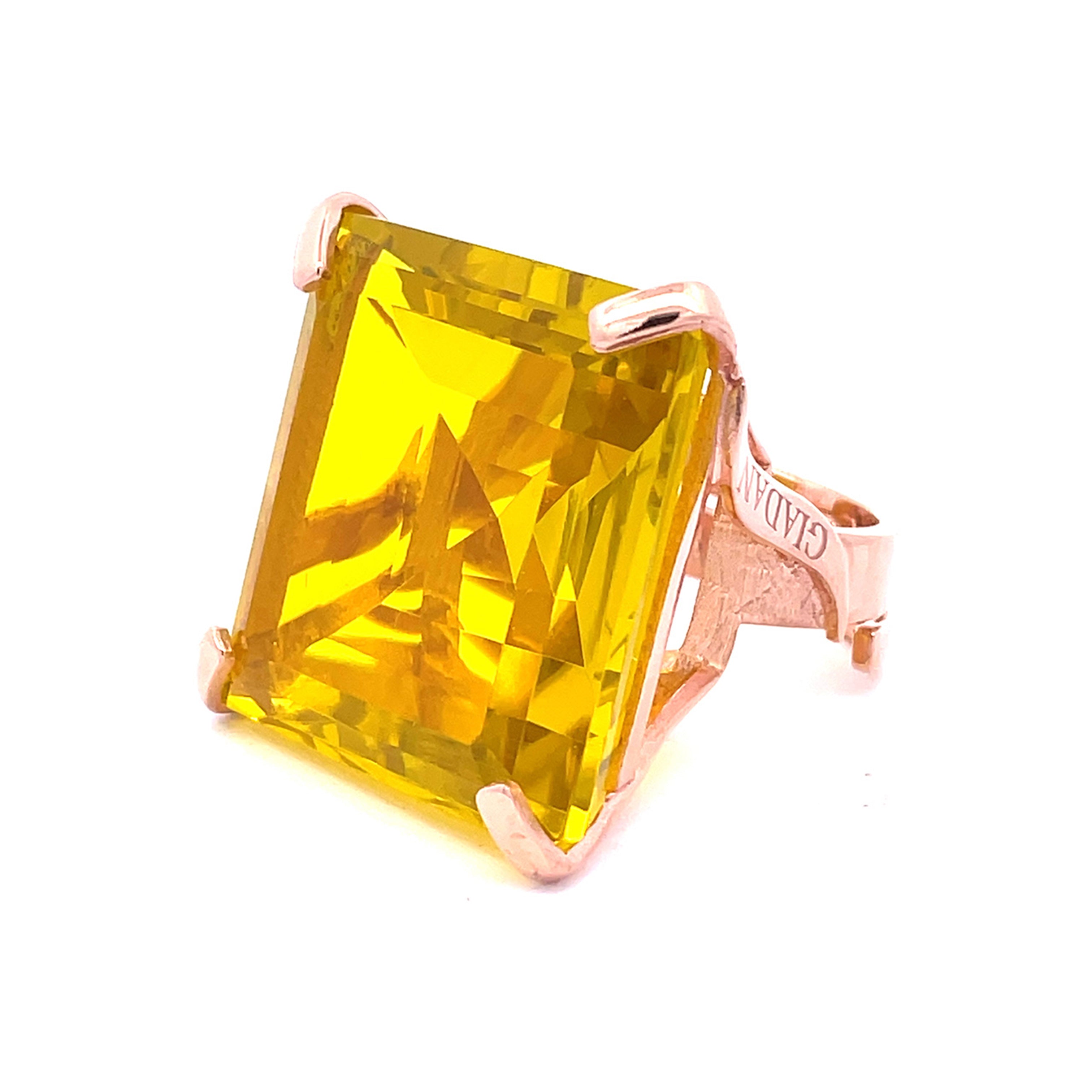 Side view of rose gold plated XL statement ring with large citrine yellow zirconia in open architectural frame - NARCISA CITRINE YELLOW by Giadan for Le.Paul Jewelgarden