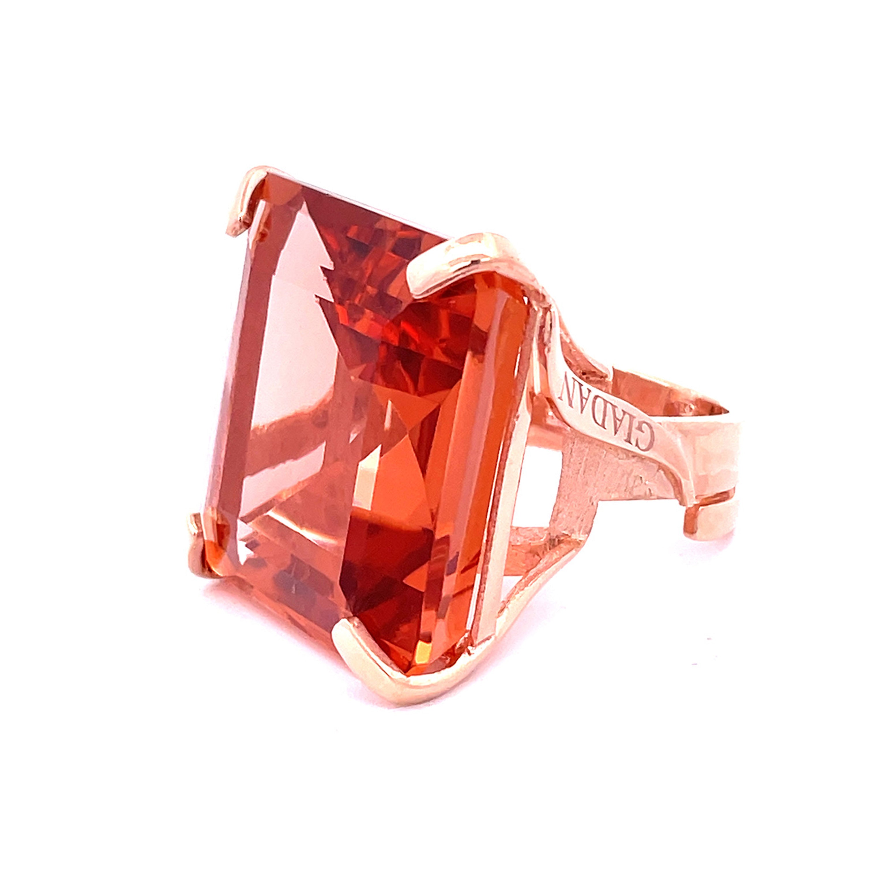 Side view of rose gold plated statement ring with large deep topaz yellow zirconia in open architectural frame — NARCISA DEEP TOPAZ YELLOW by Giadan for Le.Paul Jewelgarden