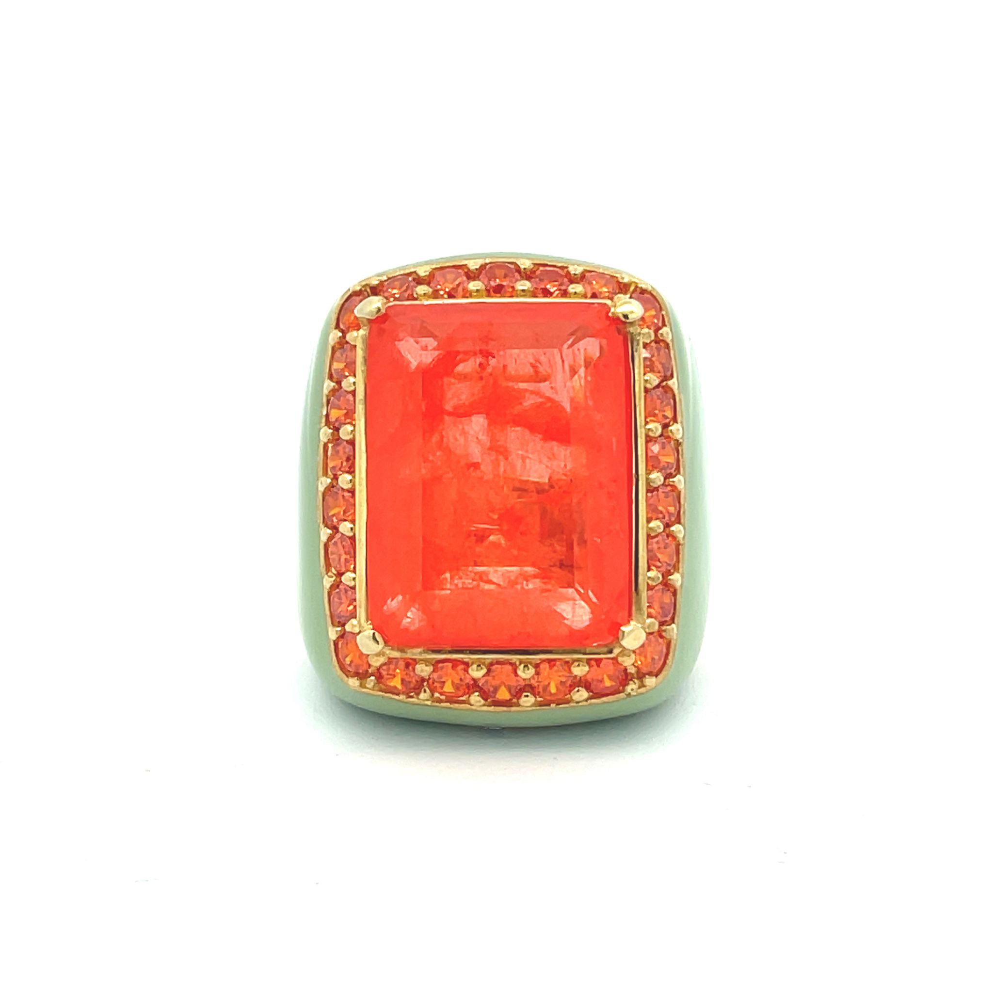 Topview of yellow gold plated oversized statement ring with pastel green enamel, large orange doublette center stone and orange zirconia halo — FREDDY by Giadan for Le.Paul Jewelgarden