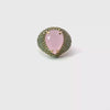 CELESTE statement ring, 360 degree rotating view, pear-cut pale pink center stone with green pavé zirconias, yellow gold plated